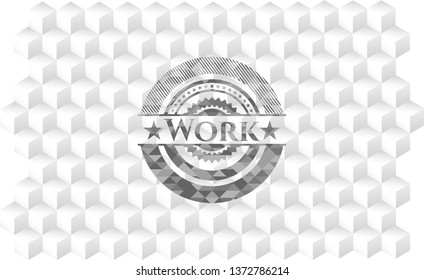 Work retro style grey emblem with geometric cube white background