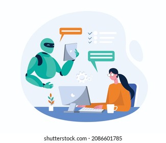 Work With Robot, Robot Chat With Human. Artificial Intelligence Works  Illustration Concept Vector