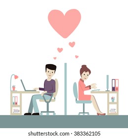 Work Romance Between Two Colleagues. Co-working Man And Woman Being In Love With Each Other. Vector Illustration. Concept For Office Romance, Flirting At Work, Love-affair.