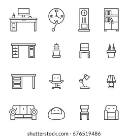 Work room furniture and accessories thin line icons. Collection of linear furniture. Vector illustration