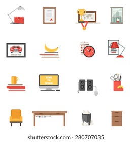 Work room interior single icons flat set isolated vector illustration