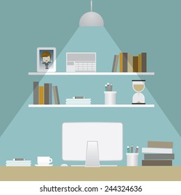 work room in night and turn on a lamp, vector illustration