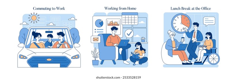 Work Routine set. Diversity of modern work life captured in commuting, remote jobs, and office breaks. Daily activities with technology and teamwork. Vector illustration.