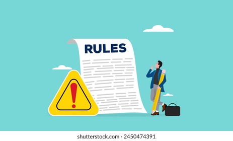 work rules and regulation, company standard operating procedures, Company policies for employee guidelines, smart businessman finishes writing work rules and regulations document concept illustration