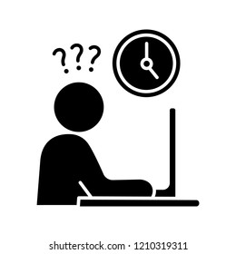 Work rush glyph icon. Occupational stress. Lack of time. Overwork. Behavioral stress symptoms. Silhouette symbol. Negative space. Vector isolated illustration