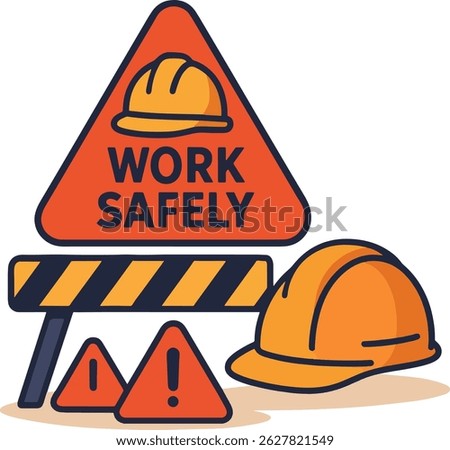 Work Safely Vector Illustration with Hard Hats and Warning Signs.