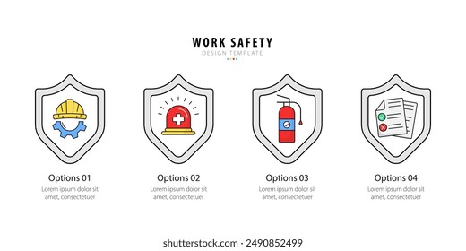 Work Safety 4 step infographic template. Information, Fire Fighting, Equipment, Alarm Sound, Shield flat simple. vector illustration.
