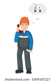 Work safety and accident. Emergency call. First aid, call an ambulance  Industrial safety. Vector cartoon.