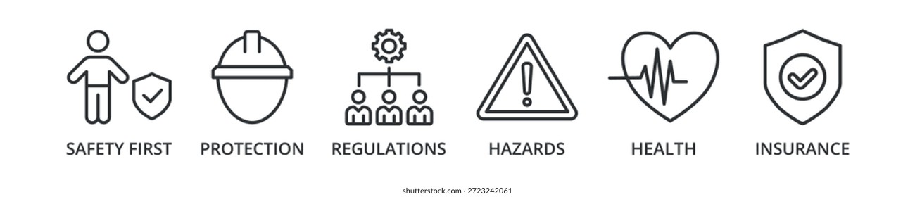 Arbeitsschutzbanner-Symbol mit Sicherheit zuerst, Schutz, Vorschriften, Gefahren, Gesundheit, Versicherung