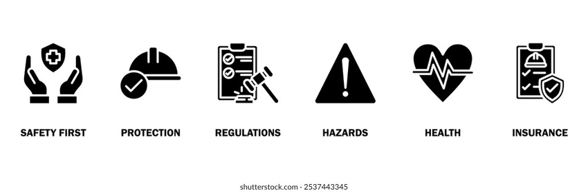 Ilustración vectorial de Web de Anuncio de seguridad en el trabajo para la seguridad y salud en el trabajo con seguridad primero, protección, regulaciones, peligros, salud y seguros