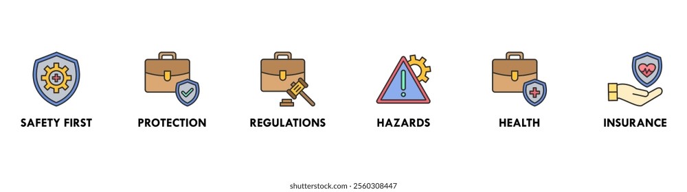 Work Safety banner web icon vector illustration concept with icons of safety first, protection, regulations, hazards, health, and insurance