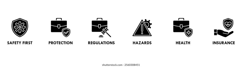 Work Safety banner web icon vector illustration concept with icons of safety first, protection, regulations, hazards, health, and insurance