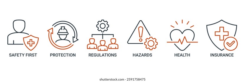 Work safety banner web icon set vector illustration concept for occupational safety and health at work with icon of safety first, protection, regulations, hazards, health, and insurance icons outline.