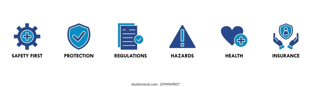 Work safety banner web icon vector illustration for occupational safety and health at work with safety first, protection, regulations, hazards, health, and insurance icon