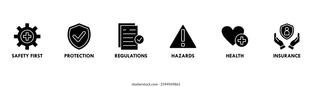 Work safety banner web icon vector illustration for occupational safety and health at work with safety first, protection, regulations, hazards, health, and insurance icon