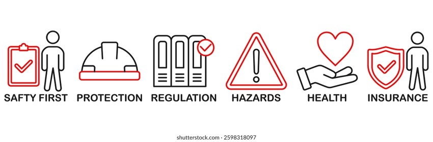 Work safety banner web icon vector illustration for occupational safety and health at work with safety first, protection, regulations, hazards, health, and insurance icon