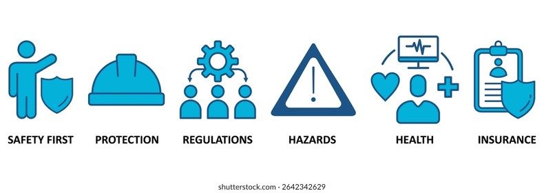 Work safety banner web icon vector illustration for occupational safety and health at work with safety first, protection, regulations, hazards, health, and insurance icon
