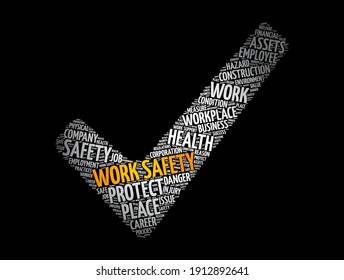 Work Safety Check Mark Word Cloud Collage With Terms Such As Employee, Company, Business Concept Background