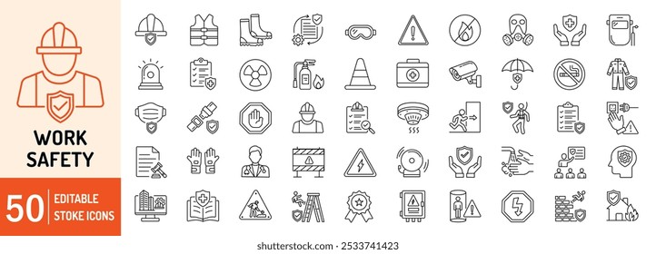 Work Safety editable stroke outline web icons set. Safety first, hazard, protection, health, insurance, regulations, helmet and work. Vector illustration