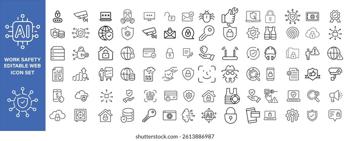 Work Safety editable stroke outline web icons set. Safety first, hazard, protection, health, insurance, regulations, helmet and work. Vector illustration