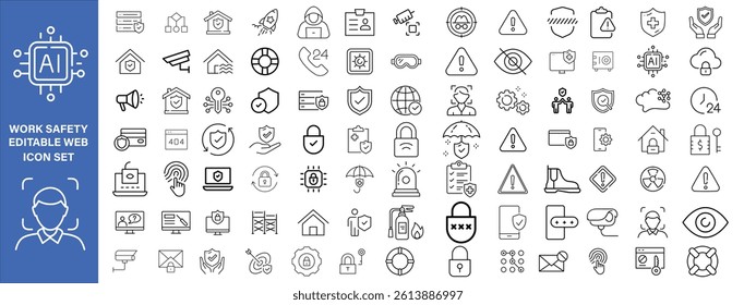 Work Safety editable stroke outline web icons set. Safety first, hazard, protection, health, insurance, regulations, helmet and work. Vector illustration