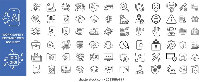 Work Safety editable stroke outline web icons set. Safety first, hazard, protection, health, insurance, regulations, helmet and work. Vector illustration