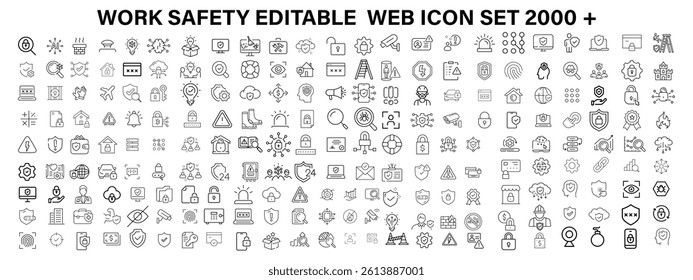 Work Safety editable stroke outline web icons set. Safety first, hazard, protection, health, insurance, regulations, helmet and work. Vector illustration