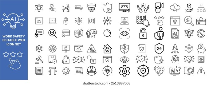 Work Safety editable stroke outline web icons set. Safety first, hazard, protection, health, insurance, regulations, helmet and work. Vector illustration