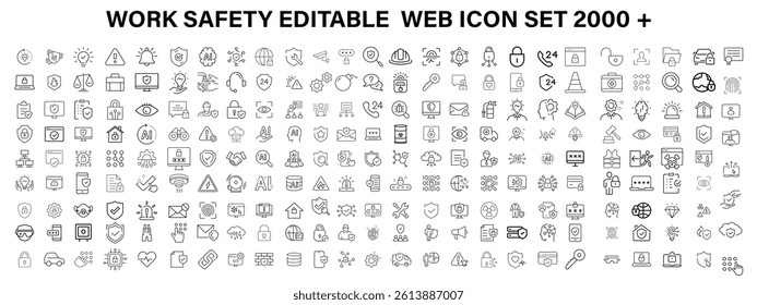 Work Safety editable stroke outline web icons set. Safety first, hazard, protection, health, insurance, regulations, helmet and work. Vector illustration