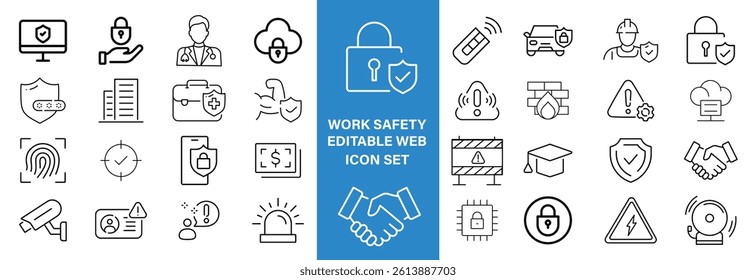 Work Safety editable stroke outline web icons set. Safety first, hazard, protection, health, insurance, regulations, helmet and work. Vector illustration