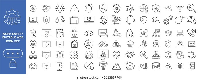 Work Safety editable stroke outline web icons set. Safety first, hazard, protection, health, insurance, regulations, helmet and work. Vector illustration
