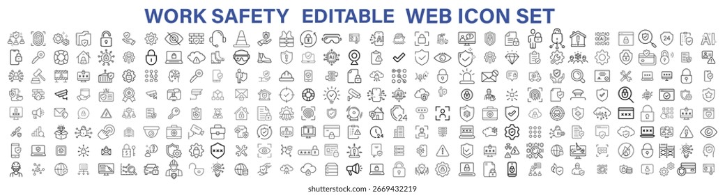 Segurança de trabalho editável traçado contorno ícones da Web definido. Segurança primeiro, perigo, proteção, saúde, seguro, regulamentos, capacete e trabalho.