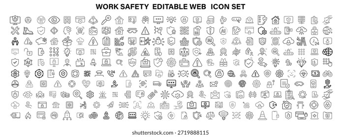 Work Safety editierbare Kontur Kontur Web-Symbole gesetzt. Sicherheit zuerst, Gefahr, Schutz, Gesundheit, Versicherung, Vorschriften, Helm und Arbeit. Vektorgrafik-Design . großes Symbolset-Design  