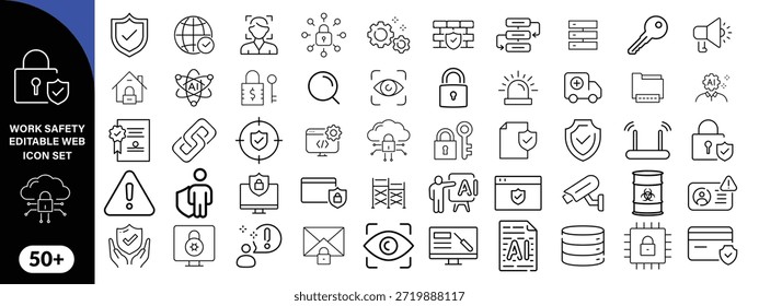 Work Safety editierbare Kontur Kontur Web-Symbole gesetzt. Sicherheit zuerst, Gefahr, Schutz, Gesundheit, Versicherung, Vorschriften, Helm und Arbeit. Vektorgrafik-Design . großes Symbolset-Design  