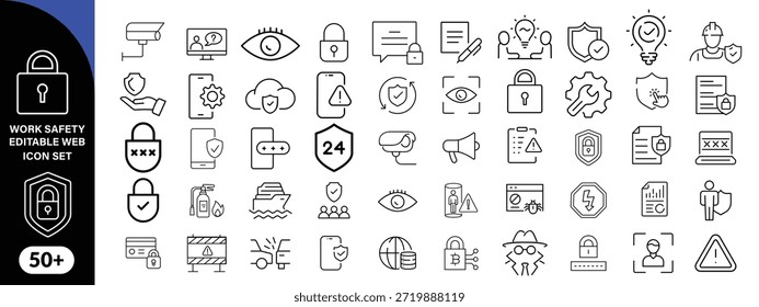 Work Safety editierbare Kontur Kontur Web-Symbole gesetzt. Sicherheit zuerst, Gefahr, Schutz, Gesundheit, Versicherung, Vorschriften, Helm und Arbeit. Vektorgrafik-Design . großes Symbolset-Design  