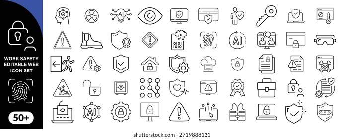 Work Safety editierbare Kontur Kontur Web-Symbole gesetzt. Sicherheit zuerst, Gefahr, Schutz, Gesundheit, Versicherung, Vorschriften, Helm und Arbeit. Vektorgrafik-Design . großes Symbolset-Design  
