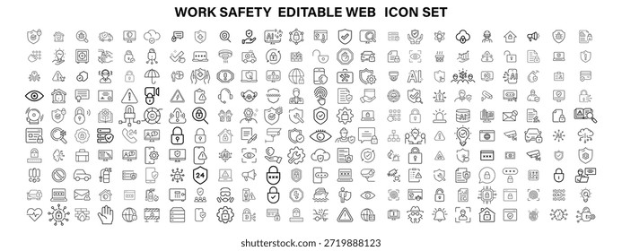 Work Safety editierbare Kontur Kontur Web-Symbole gesetzt. Sicherheit zuerst, Gefahr, Schutz, Gesundheit, Versicherung, Vorschriften, Helm und Arbeit. Vektorgrafik-Design . großes Symbolset-Design  