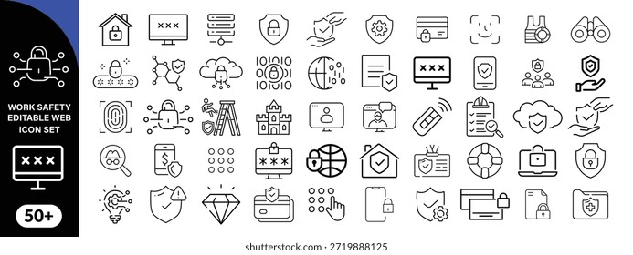 Work Safety editierbare Kontur Kontur Web-Symbole gesetzt. Sicherheit zuerst, Gefahr, Schutz, Gesundheit, Versicherung, Vorschriften, Helm und Arbeit. Vektorgrafik-Design . großes Symbolset-Design  