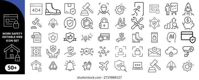 Work Safety editierbare Kontur Kontur Web-Symbole gesetzt. Sicherheit zuerst, Gefahr, Schutz, Gesundheit, Versicherung, Vorschriften, Helm und Arbeit. Vektorgrafik-Design . großes Symbolset-Design  