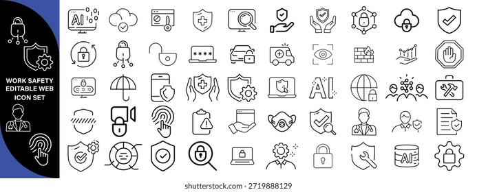 Work Safety editierbare Kontur Kontur Web-Symbole gesetzt. Sicherheit zuerst, Gefahr, Schutz, Gesundheit, Versicherung, Vorschriften, Helm und Arbeit. Vektorgrafik-Design . großes Symbolset-Design  