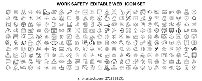 Work Safety editierbare Kontur Kontur Web-Symbole gesetzt. Sicherheit zuerst, Gefahr, Schutz, Gesundheit, Versicherung, Vorschriften, Helm und Arbeit. Vektorgrafik-Design . großes Symbolset-Design  