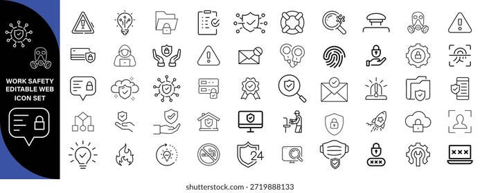 Work Safety editierbare Kontur Kontur Web-Symbole gesetzt. Sicherheit zuerst, Gefahr, Schutz, Gesundheit, Versicherung, Vorschriften, Helm und Arbeit. Vektorgrafik-Design . großes Symbolset-Design  