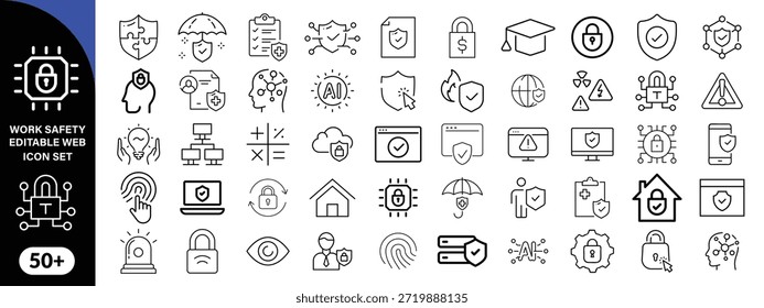 Work Safety editierbare Kontur Kontur Web-Symbole gesetzt. Sicherheit zuerst, Gefahr, Schutz, Gesundheit, Versicherung, Vorschriften, Helm und Arbeit. Vektorgrafik-Design . großes Symbolset-Design  