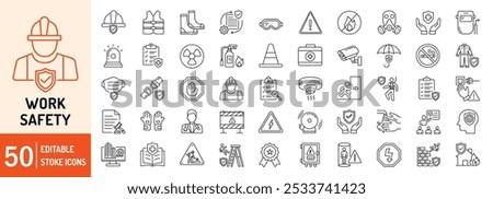 Work Safety editable stroke outline web icons set. Safety first, hazard, protection, health, insurance, regulations, helmet and work. Vector illustration