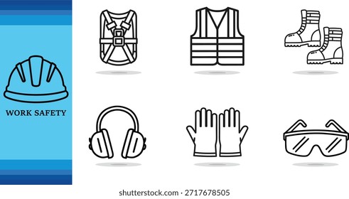 Colección del equipo de seguridad del trabajo con los chalecos y las gafas de los cascos, logotipo del esquema, logotipo del icono.