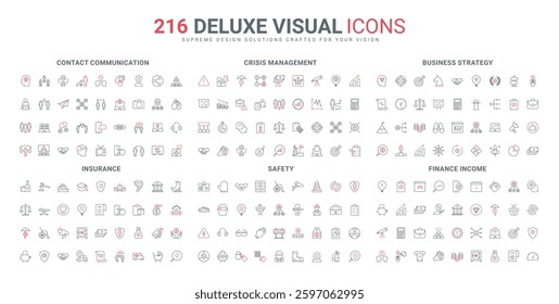 Work safety equipment and disability protection, business growth strategy line icon set. Property insurance, contract documents protection thin black and red outline symbols vector illustration