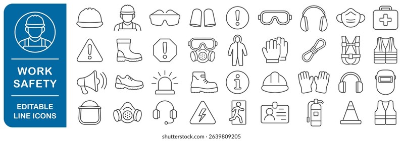 Work safety equipment editable line icons set. Safety icon symbol collection. Essential construction and industry signs.  Safety and health protection equipment. Vector illustration image. Isolated 