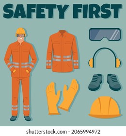 Work safety equipment. engineer wearing helmet, gloves, protective glasses, clothing and boots. Vector infographic