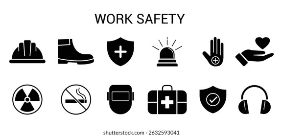 work safety equipment icon symbol. These icons include a hard hat, safety glasses, gloves, boots, and a fire extinguisher. Construction Protection Symbols vector illustration.