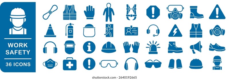 Work safety equipment icons set. Safety icon symbol collection. Essential construction and industry signs. Safety and health protection equipment. Vector illustration image. Isolated on white backgrou